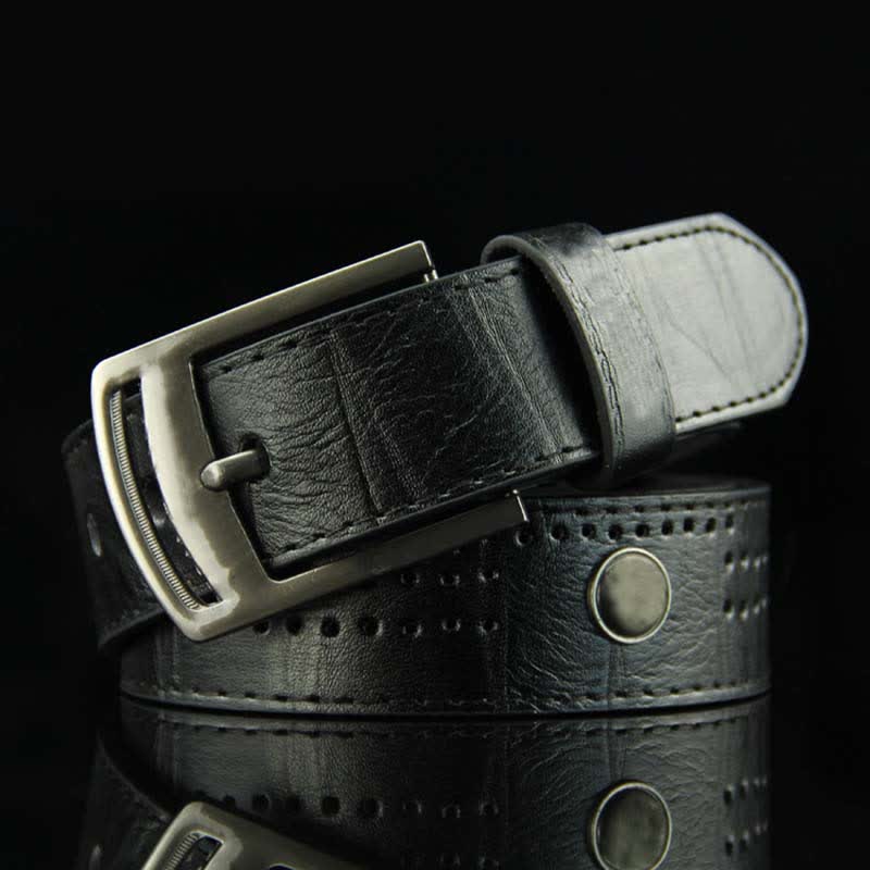 Men's Casual Punk Rivet Antique Hollow Leather Belt - Black - 38 - image 3