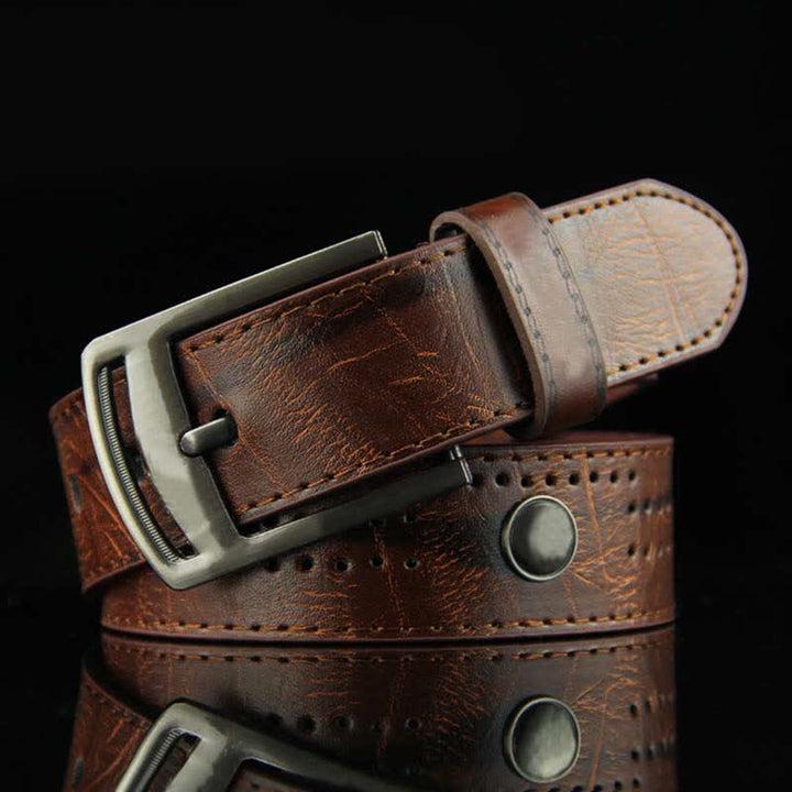 Men's Casual Punk Rivet Antique Hollow Leather Belt - Brown - 38 - image 0