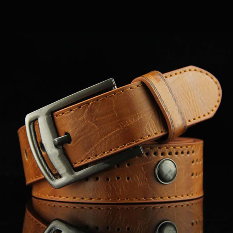 Men's Casual Punk Rivet Antique Hollow Leather Belt - Orange - 38 - image 5