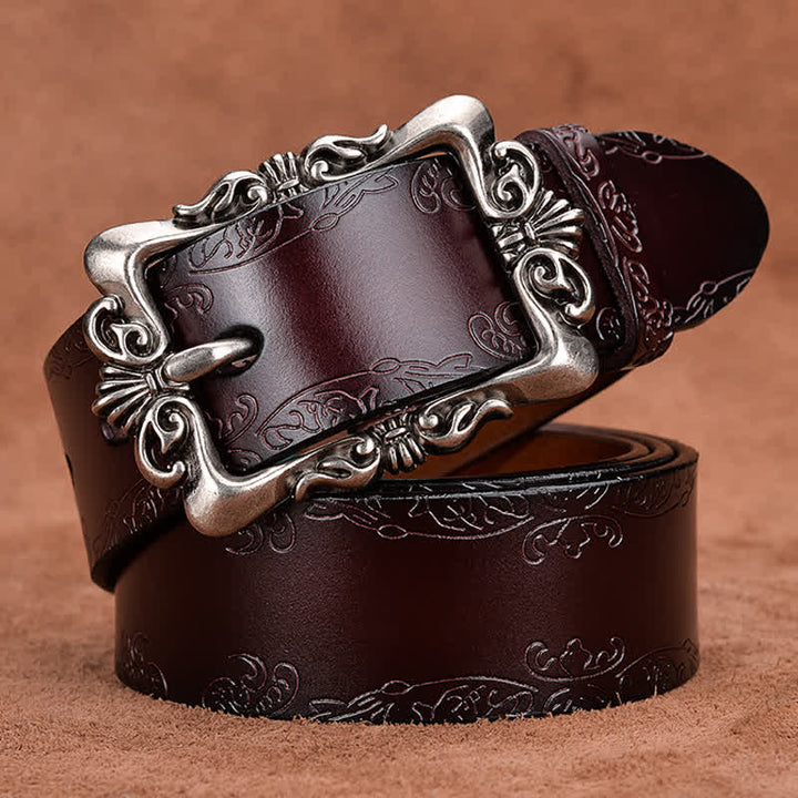 Women's Elegant Carved Flower Buckle Leather Belt - Coffee - 40 - image 0