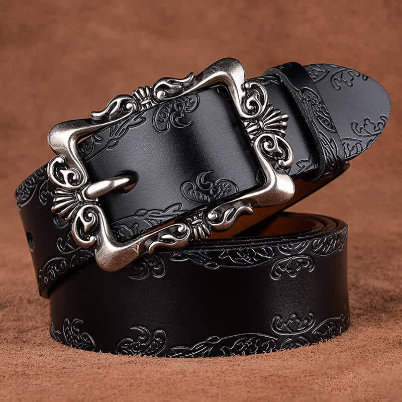 Women's Elegant Carved Flower Buckle Leather Belt - Black - 40 - image 6