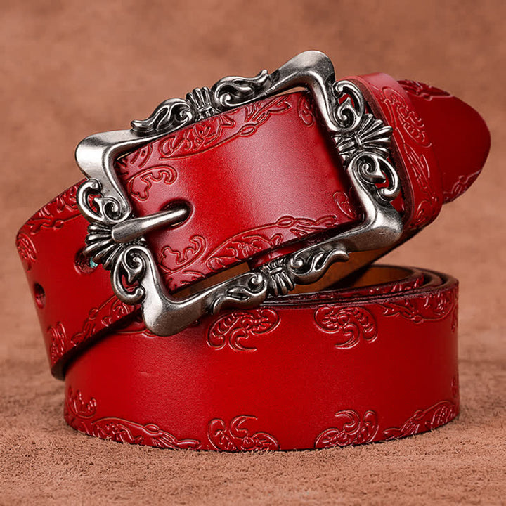 Women's Elegant Carved Flower Buckle Leather Belt - Red - 40 - image 5