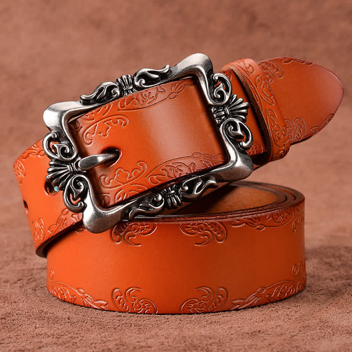 Women's Elegant Carved Flower Buckle Leather Belt - Orange - 40 - image 7