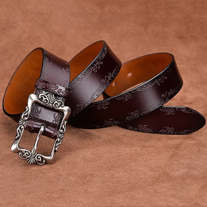 Women's Elegant Carved Flower Buckle Leather Belt - image 2