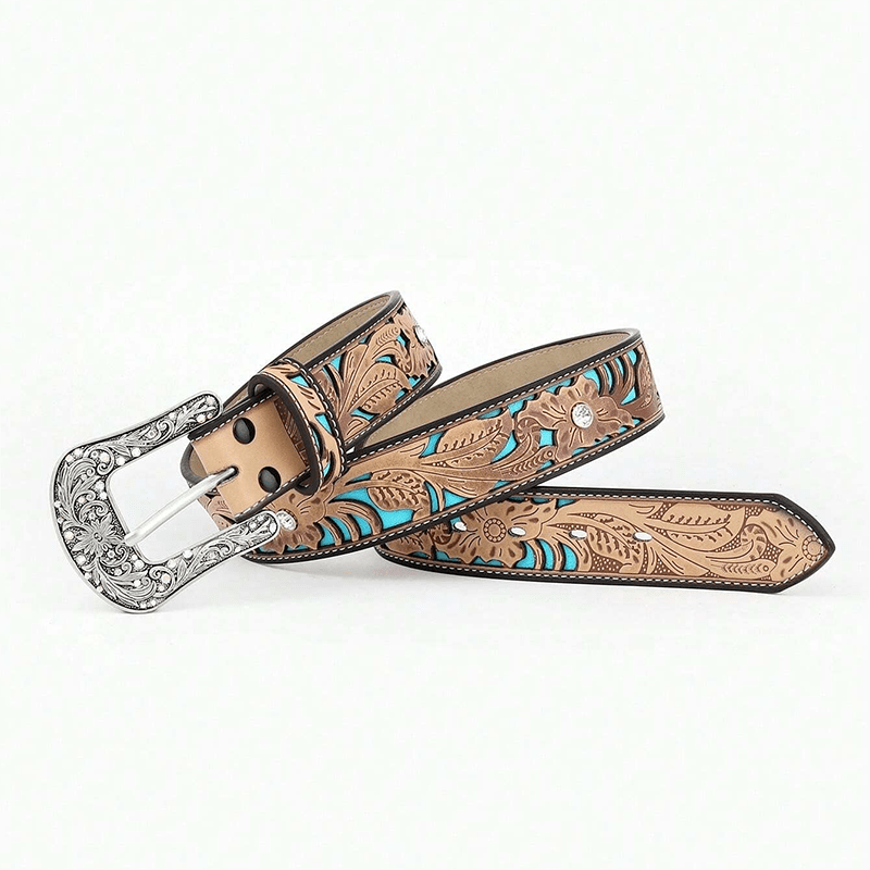 Women's Embossed Flower Rhinestone Camel Leather Belt - image 1