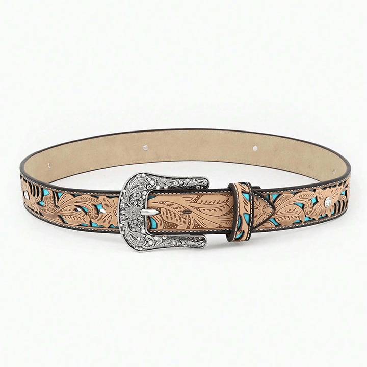 Women's Embossed Flower Rhinestone Camel Leather Belt - Camel - 40 - image 0