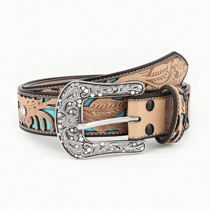 Women's Embossed Flower Rhinestone Camel Leather Belt - image 2