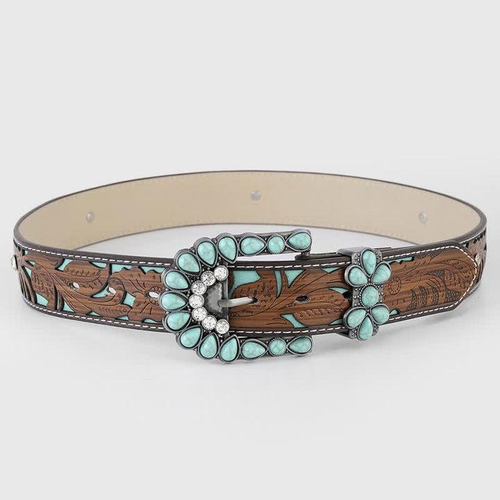 Women's Turquoise Embossed Flower Western Leather Belt - Dark Brown - 40 - image 0