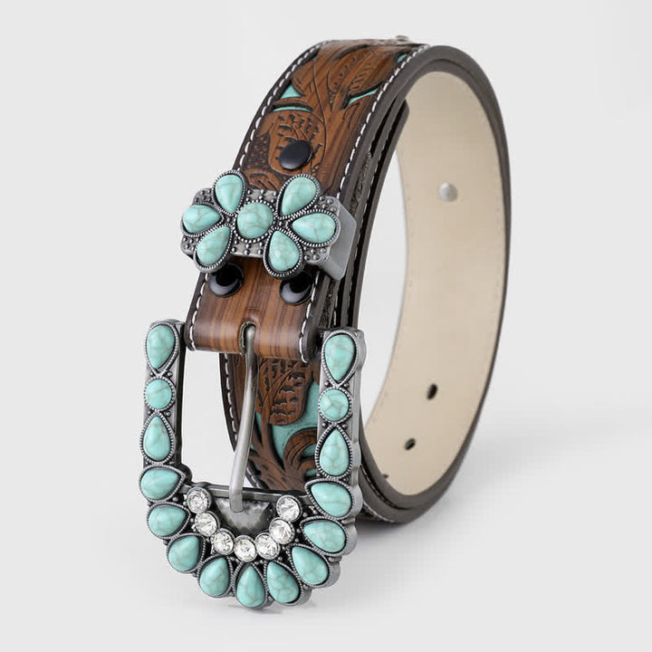 Women's Turquoise Embossed Flower Western Leather Belt - image 2