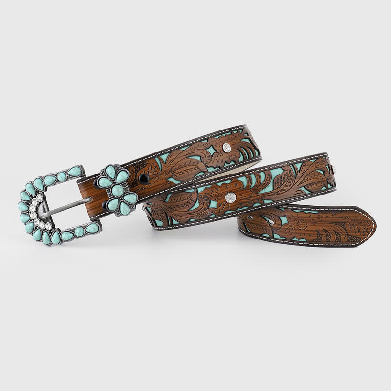 Women's Turquoise Embossed Flower Western Leather Belt - image 1