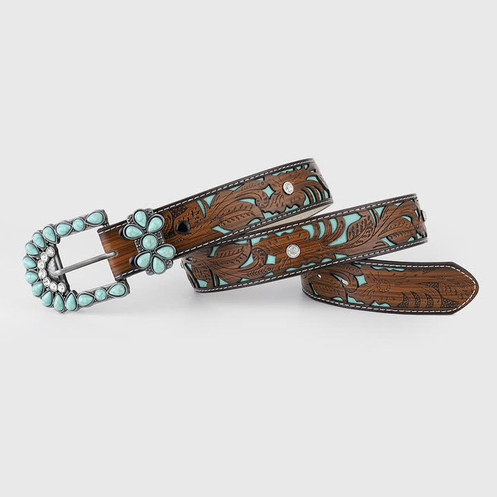 Women's Turquoise Embossed Flower Western Leather Belt - image 1