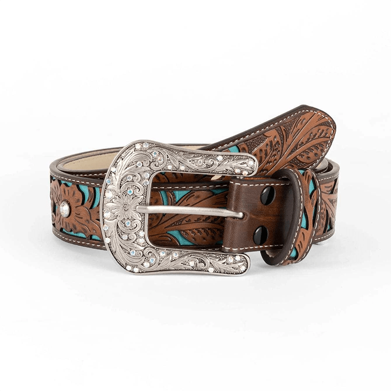 Women's Rhinestone Embossed Flower Dark Brown Leather Belt - image 3