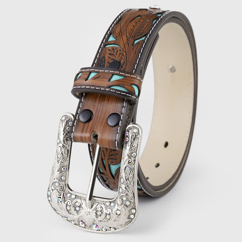 Women's Rhinestone Embossed Flower Dark Brown Leather Belt - image 2