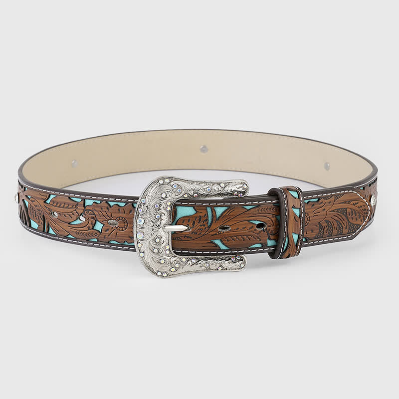 Women's Rhinestone Embossed Flower Dark Brown Leather Belt - Dark Brown - 40 - image 0