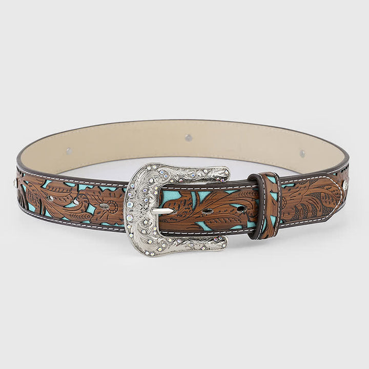 Women's Rhinestone Embossed Flower Dark Brown Leather Belt - Dark Brown - 40 - image 0