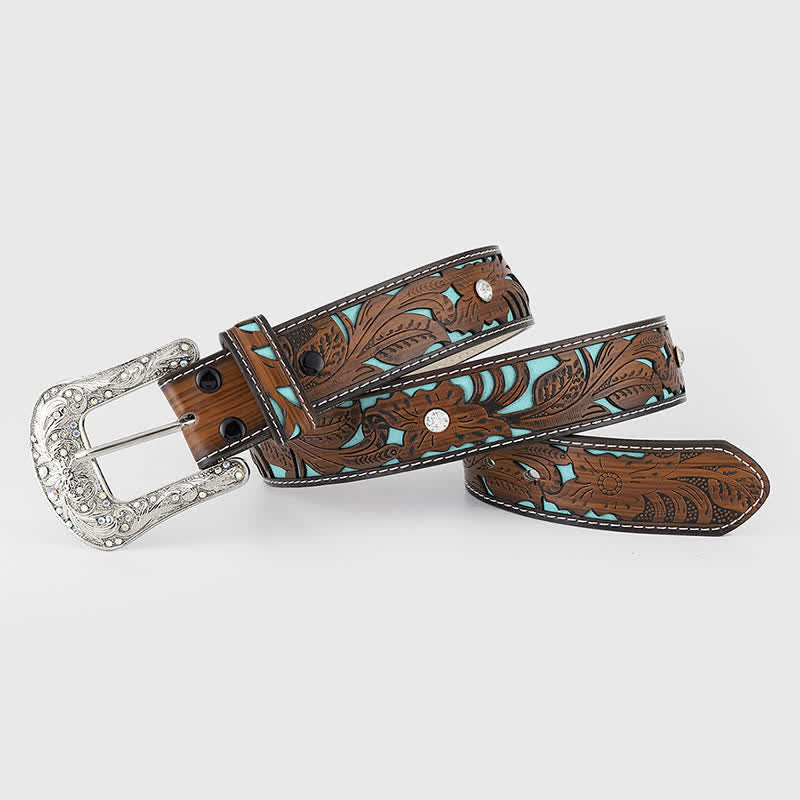 Women's Rhinestone Embossed Flower Dark Brown Leather Belt - image 1