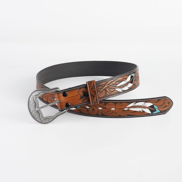 Women's Vintage Engraved Feather Printed Leather Belt - image 2