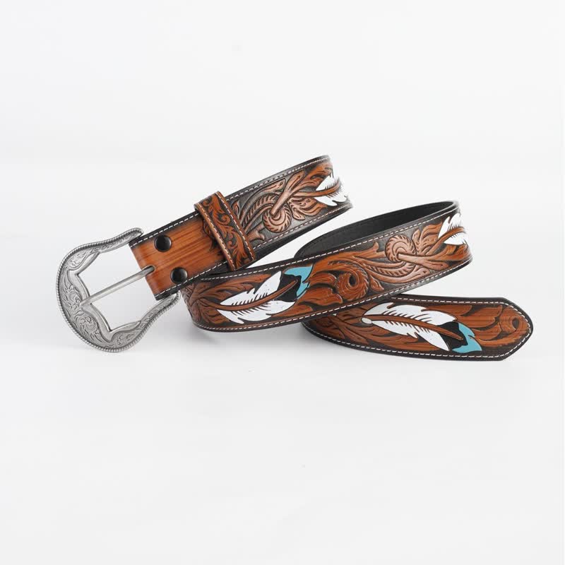Women's Vintage Engraved Feather Printed Leather Belt - image 1