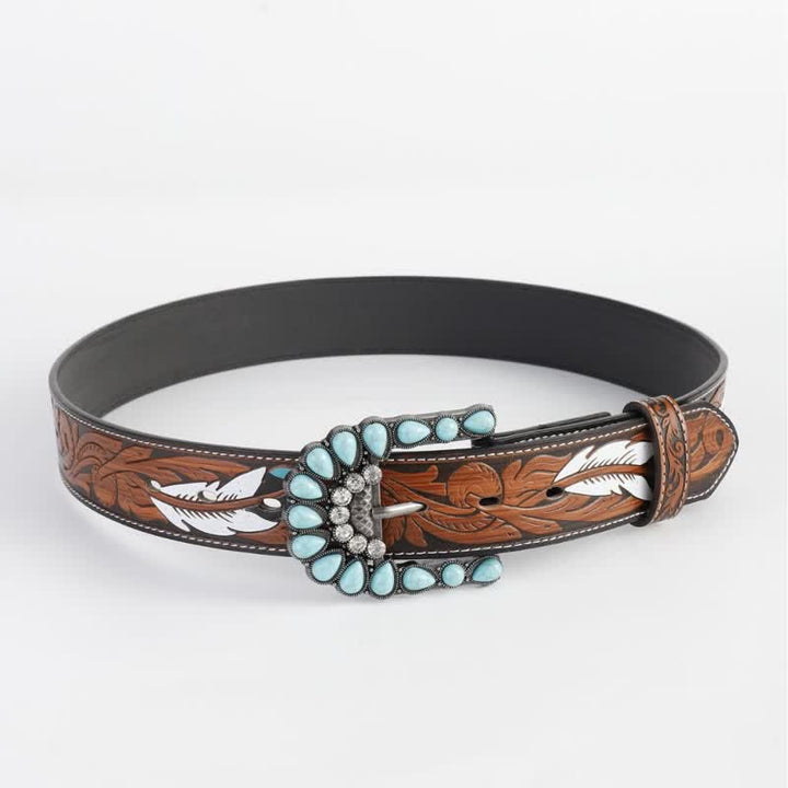 Women's Vintage Engraved Feather Printed Leather Belt - Turquoise - 40 - image 3