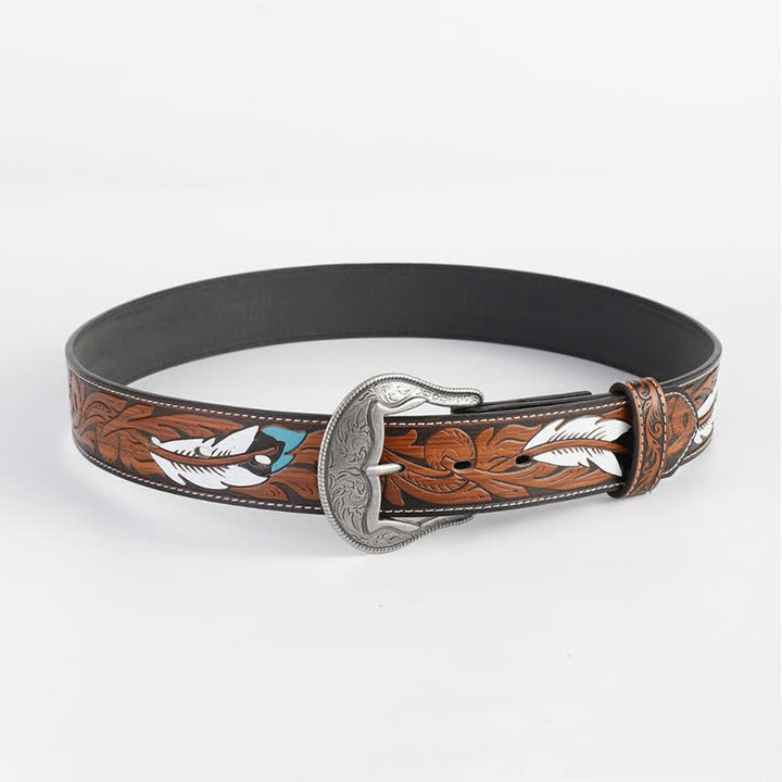 Women's Vintage Engraved Feather Printed Leather Belt - Silver - 40 - image 0