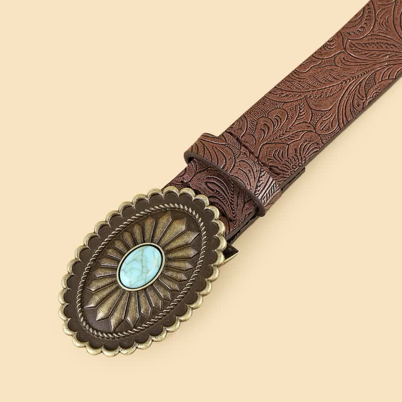 Women's Boho Turquoise Sunflower Brown Leather Belt - image 2