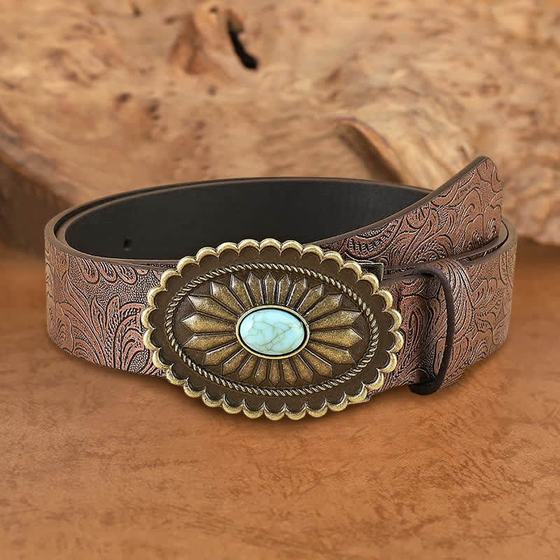 Women's Boho Turquoise Sunflower Brown Leather Belt - Light Brown - 34 - image 0