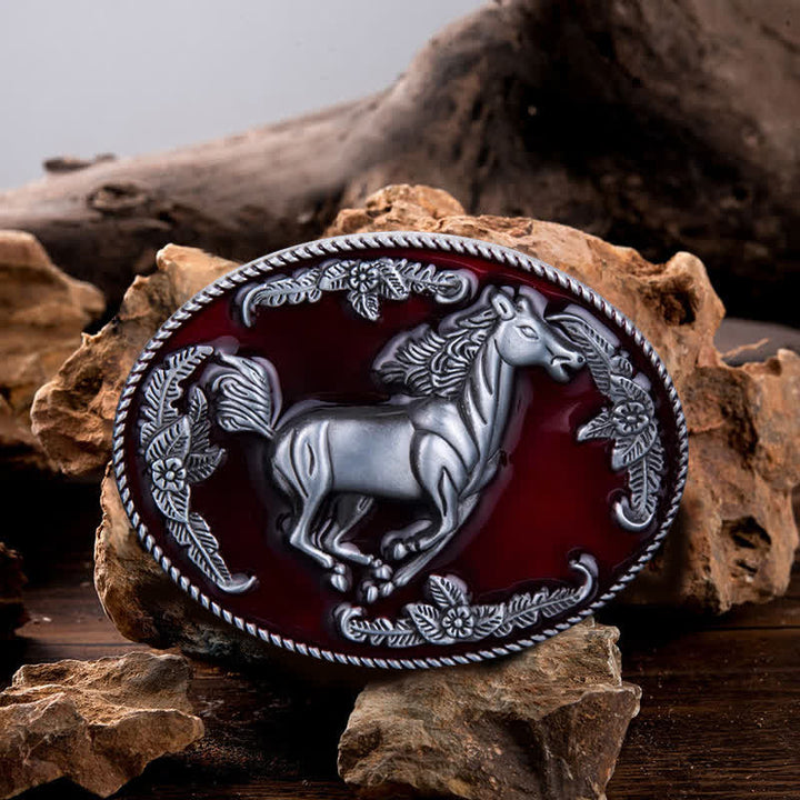 Men's DIY Red Enamel Running Horse Buckle Leather Belt - Horse - Without Belt - image 0