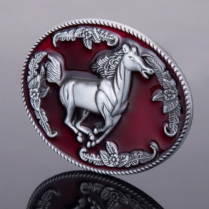 Men's DIY Red Enamel Running Horse Buckle Leather Belt - image 3