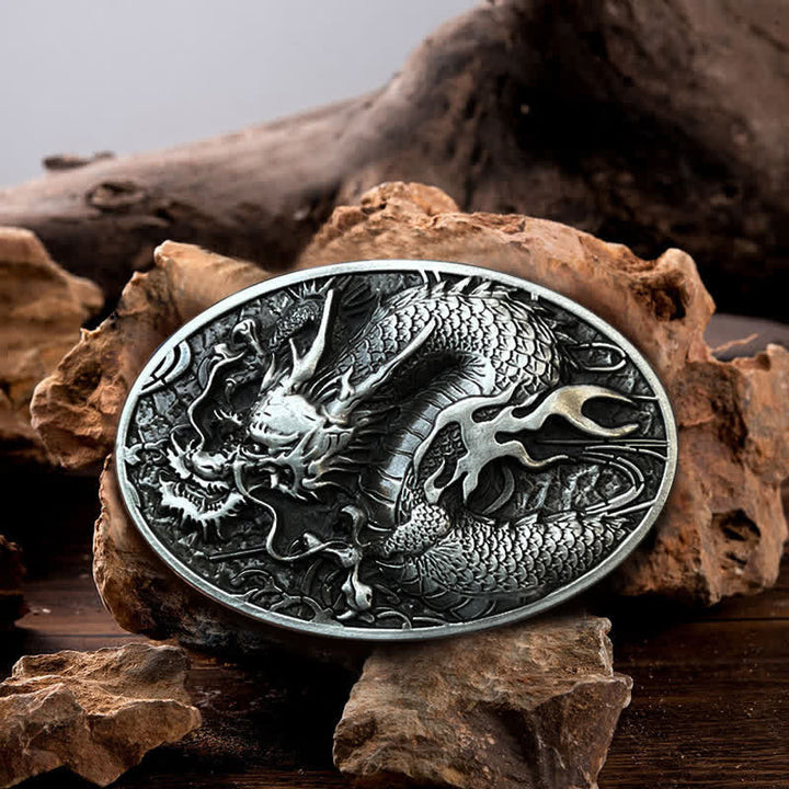 Men's DIY Large Fire Dragon Buckle Leather Belt - Antique Silver - Without Belt - image 0