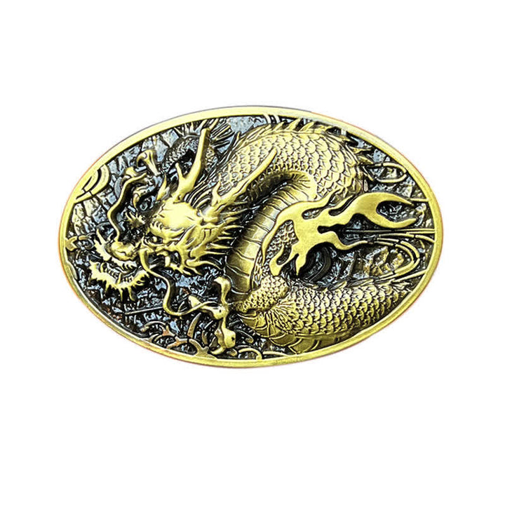 Men's DIY Large Fire Dragon Buckle Leather Belt - Antique Gold - Without Belt - image 3