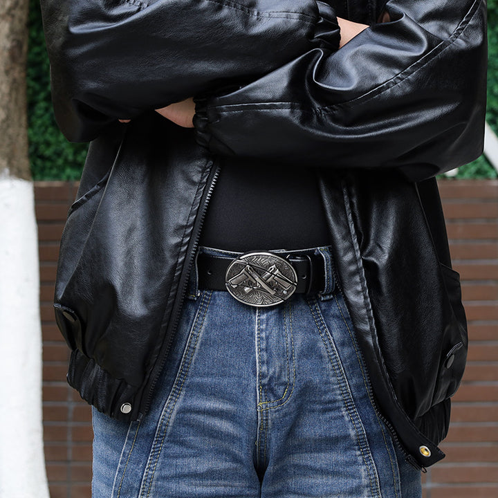 Men's Double Gun Leather Belt With Folding Knife - image 4
