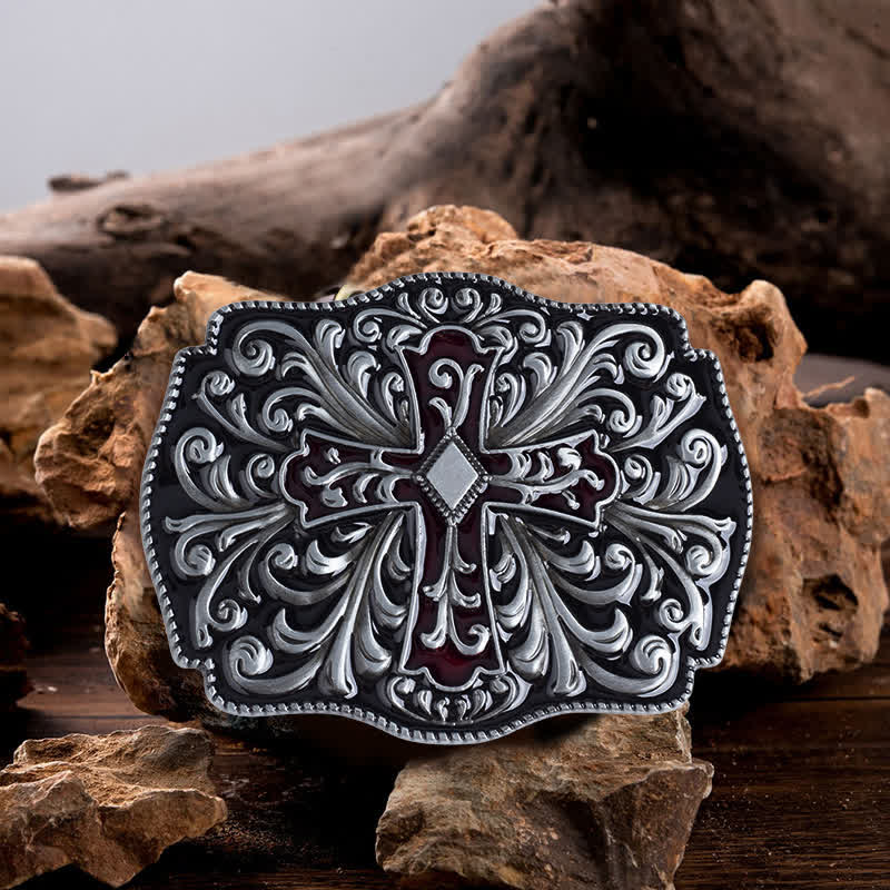 Men's DIY Red Enamel Cross Buckle Leather Belt - Antique Silver - Without Belt - image 0