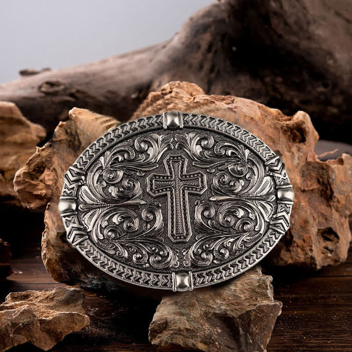 Men's DIY Center Cross Attitude Buckle Leather Belt - Antique Silver - Without Belt - image 0