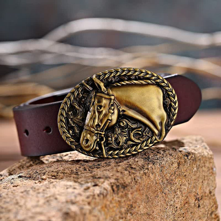 Men's DIY Engraved Horse Head Buckle Leather Belt - image 2