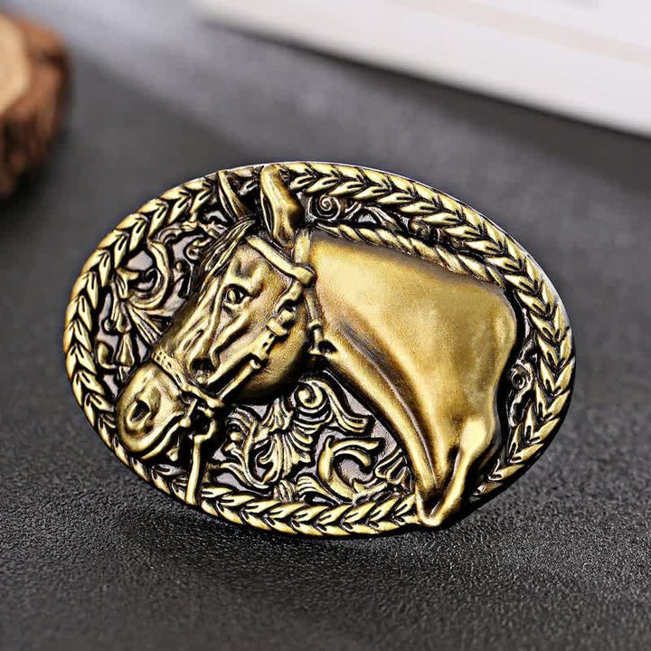 Men's DIY Engraved Horse Head Buckle Leather Belt - Antique Bronze - Without Belt - image 0