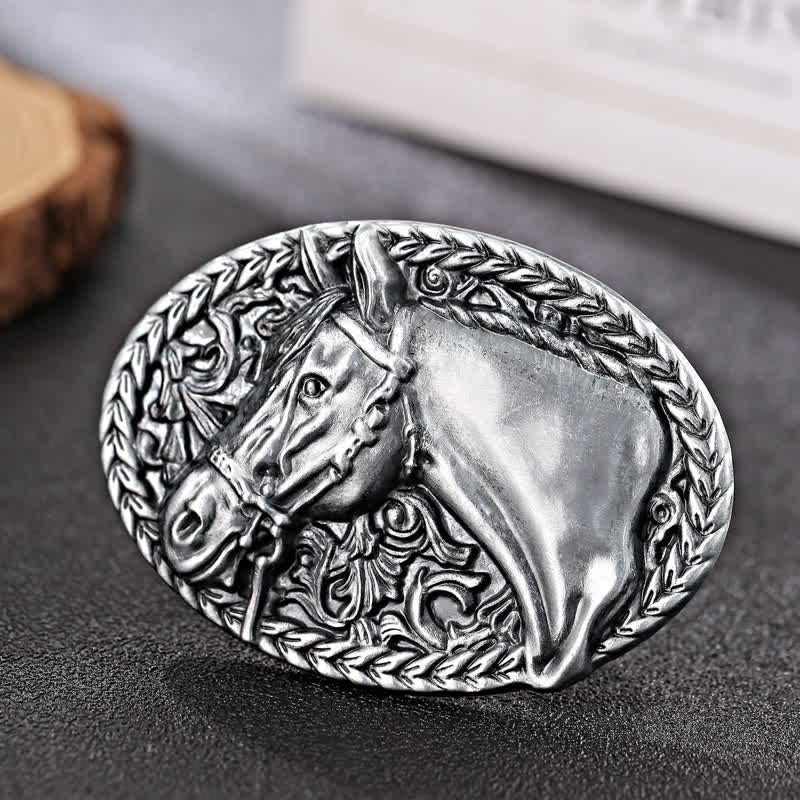 Men's DIY Engraved Horse Head Buckle Leather Belt - Antique Silver - Without Belt - image 3