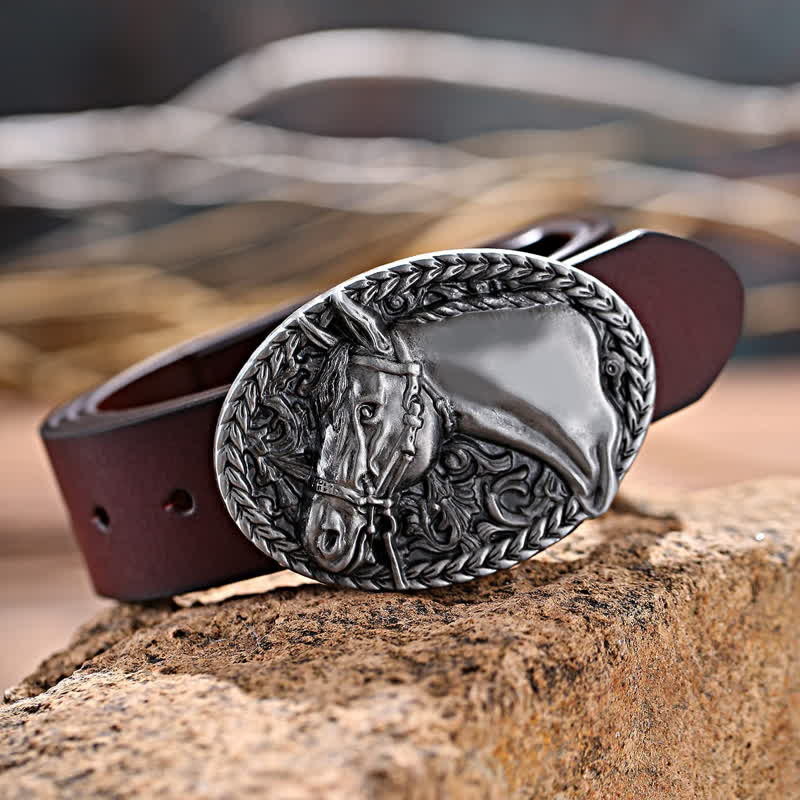 Men's DIY Engraved Horse Head Buckle Leather Belt - image 5