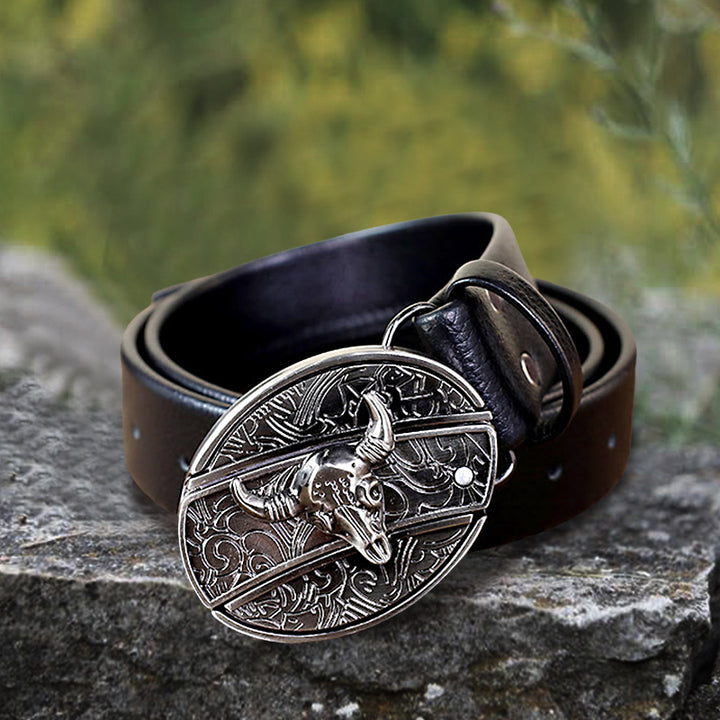 Men's Bull Head Leather Belt With Folding Knife - Bull Head - 42 - image 0