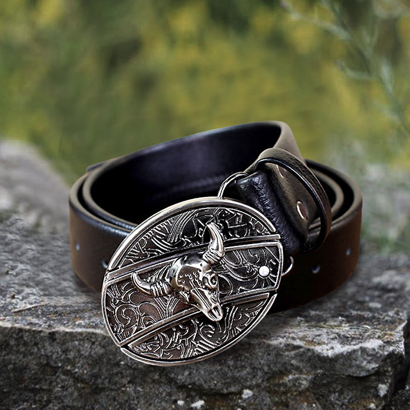 Men's Bull Head Leather Belt With Folding Knife - Bull Head - 42 - image 0