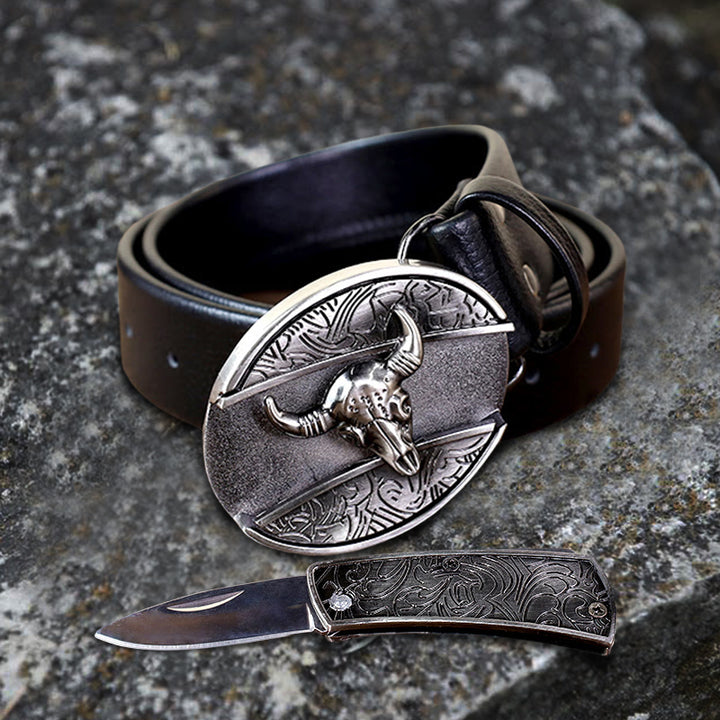Men's Bull Head Leather Belt With Folding Knife - image 5