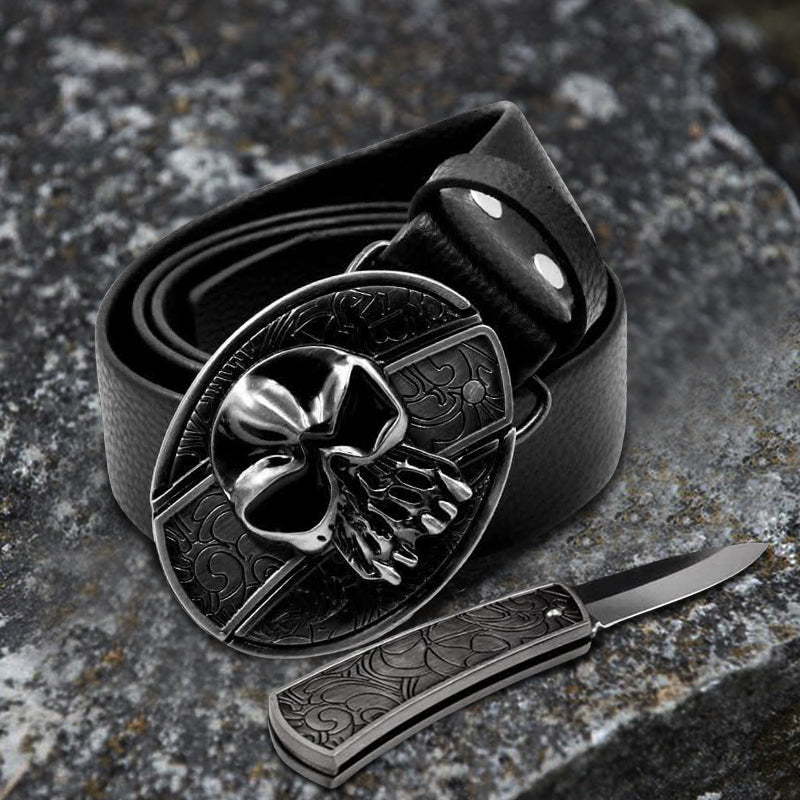 Men's Skull Head Leather Belt With Folding Knife - image 2