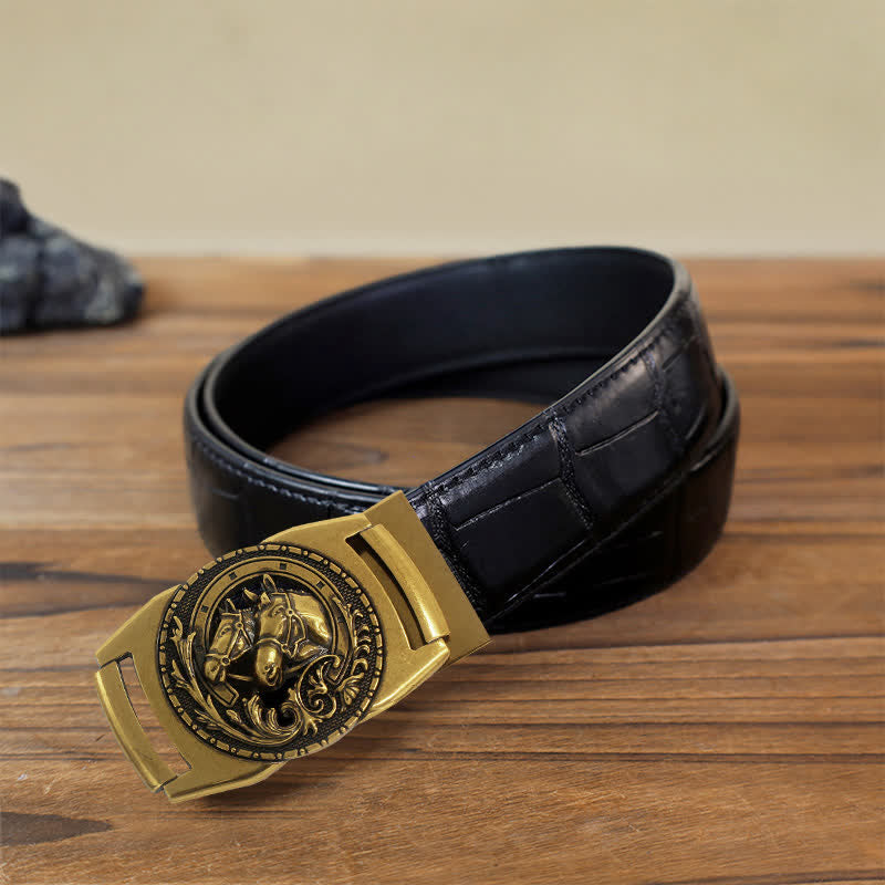 Men's DIY Double Horse Head Automatic Buckle Leather Belt - Horse Head - Black Crocodile Pattern Belt (40) - image 2