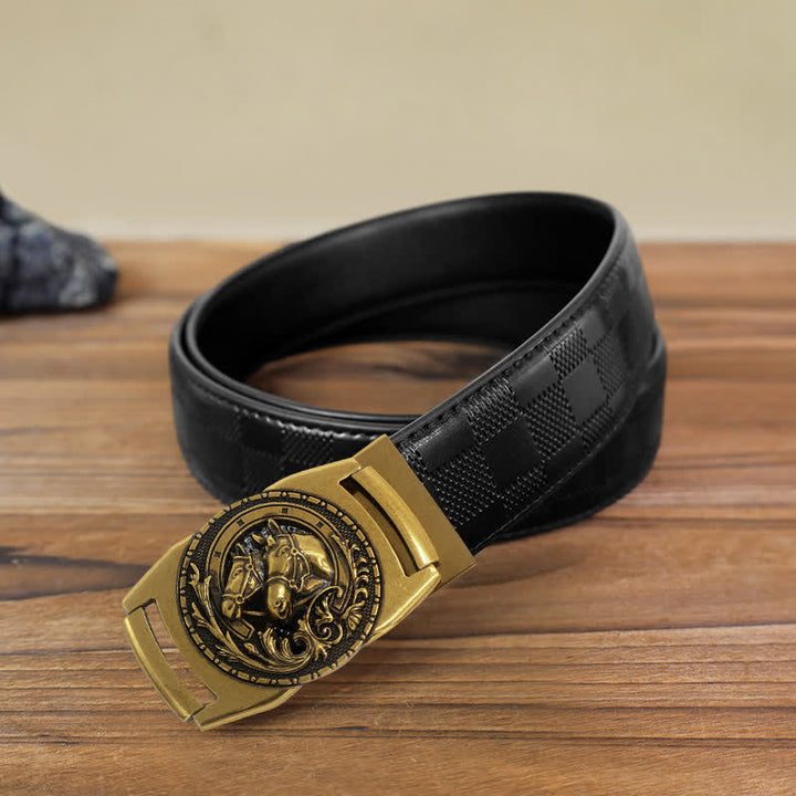 Men's DIY Double Horse Head Automatic Buckle Leather Belt - Horse Head - Black Checked Pattern Belt (40) - image 6