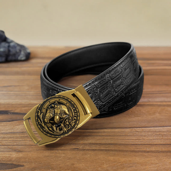 Men's DIY Double Horse Head Automatic Buckle Leather Belt - Horse Head - Black Snake Pattern Belt (40) - image 4