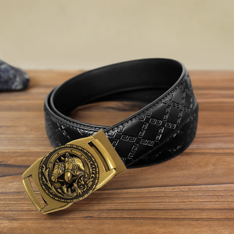 Men's DIY Double Horse Head Automatic Buckle Leather Belt - Horse Head - Black Diamond Pattern Belt (40) - image 3