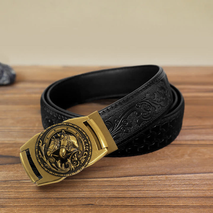 Men's DIY Double Horse Head Automatic Buckle Leather Belt - Horse Head - Black Carved Pattern Belt (40) - image 5