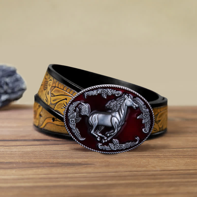 Men's DIY Red Enamel Running Horse Buckle Leather Belt - Horse - SandyBrown Belt (40) - image 15