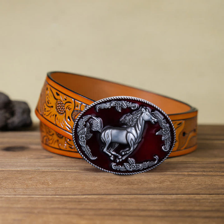 Men's DIY Red Enamel Running Horse Buckle Leather Belt - Horse - Orange Carved Belt (40) - image 17