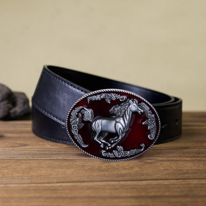Men's DIY Red Enamel Running Horse Buckle Leather Belt - Horse - Black PU Belt (40) - image 5
