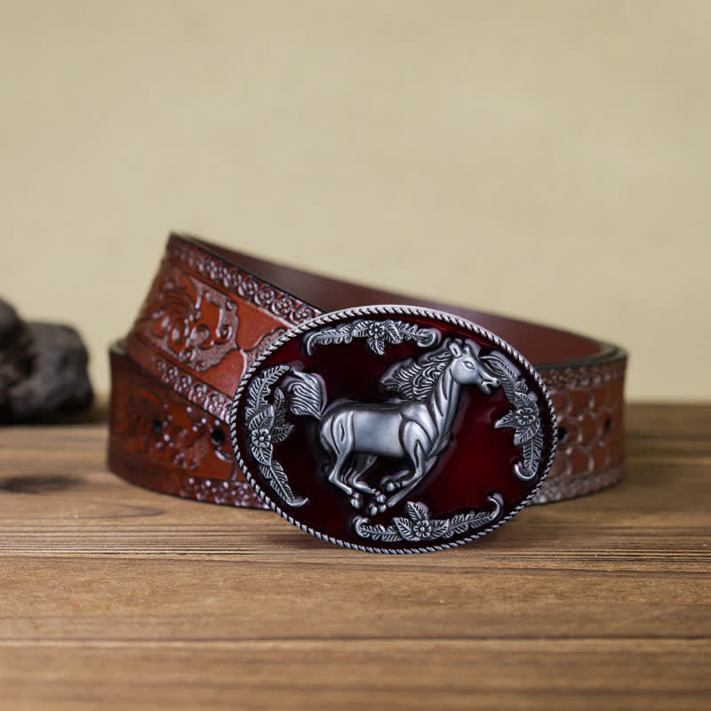 Men's DIY Red Enamel Running Horse Buckle Leather Belt - Horse - Brown Carved Belt (40) - image 13
